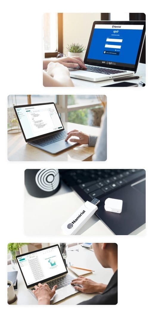 Infografica che mostra i servizi digitali professionali Namirial utilizzati su dispositivi laptop